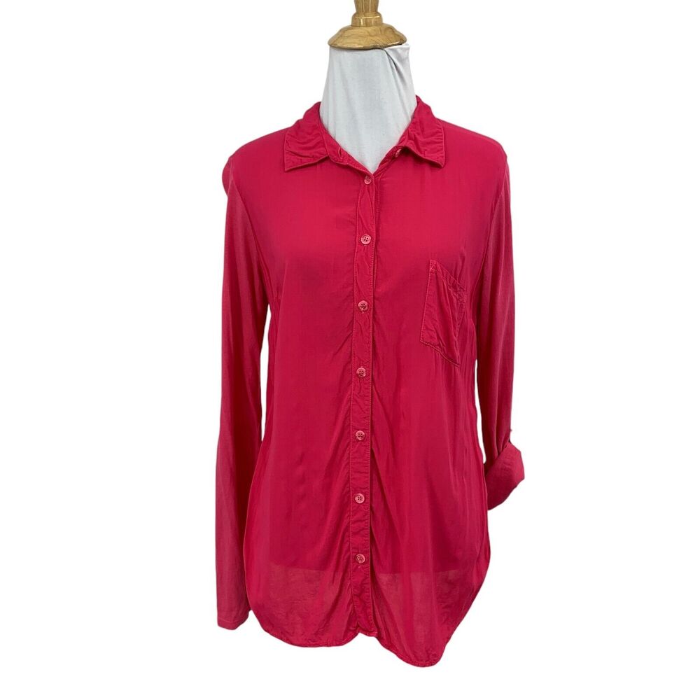 Splendid Blouse Womens M Medium Valentine Roll Tab Sleeve Button Up High Low Hem